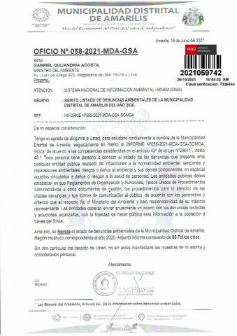 Listado de denuncias ambientales de la Municipalidad Distrital de Amarilis  del año 2020 | SIAR Cajamarca | Sistema de Información Ambiental Regional  de Cajamarca